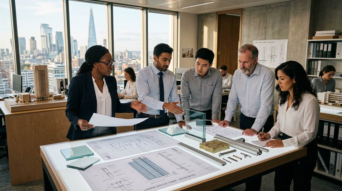 Avante Facade Engineering Leadership Team Reviewing Landmark Curtain Wall Blueprints